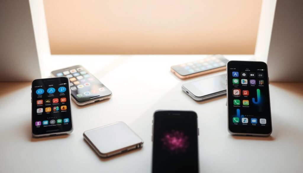 Uma cena serena e minimalista apresentando uma variedade de aplicativos móveis gratuitos com tecnologia de IA. Em primeiro plano, vários smartphones modernos e elegantes dispostos em uma grade elegante, com suas telas iluminadas por ícones coloridos de aplicativos. O plano central apresenta um fundo branco e limpo, sugerindo sutilmente a natureza intuitiva e amigável dos aplicativos. O fundo é suavemente desfocado, criando uma sensação de profundidade e foco nos dispositivos móveis. A iluminação natural e quente projeta um brilho suave, evocando uma atmosfera calma e convidativa. A composição geral transmite a acessibilidade e o poder dessas ferramentas gratuitas de IA, prontas para serem descobertas e exploradas em qualquer lugar. Uma cena serena e minimalista apresentando uma variedade de aplicativos móveis gratuitos com tecnologia de IA. Em primeiro plano, vários smartphones modernos e elegantes dispostos em uma grade elegante, com suas telas iluminadas por ícones coloridos de aplicativos. O plano central apresenta um fundo branco e limpo, sugerindo sutilmente a natureza intuitiva e amigável dos aplicativos. O fundo é suavemente desfocado, criando uma sensação de profundidade e foco nos dispositivos móveis. A iluminação natural e quente projeta um brilho suave, evocando uma atmosfera calma e convidativa. A composição geral transmite a acessibilidade e o poder dessas ferramentas gratuitas de IA, prontas para serem descobertas e exploradas em qualquer lugar.