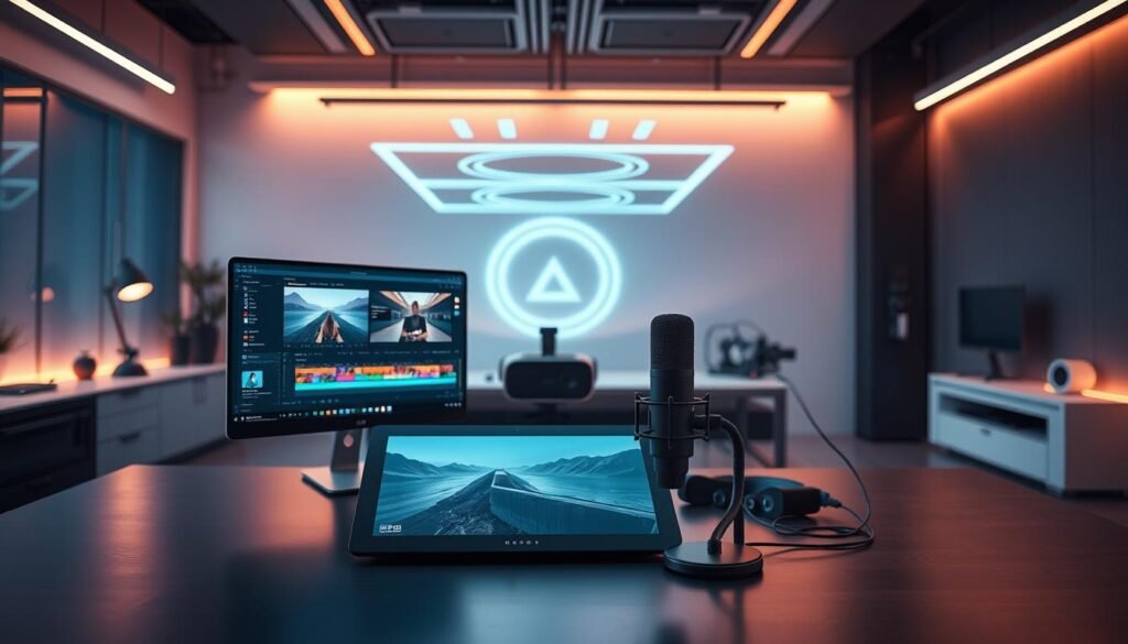 Um espaço de trabalho moderno e elegante, repleto de uma variedade de ferramentas de edição de vídeo com tecnologia de IA. Em primeiro plano, um computador desktop com tela de alta resolução exibe uma interface de edição de vídeo, completa com controles deslizantes de correção de cores, controles de linha do tempo e ferramentas de edição intuitivas. Sobre a mesa, um tablet estiloso e um suporte para microfone de alta qualidade, prontos para gravações de narração. No centro, um headset de realidade virtual de última geração e uma câmera panorâmica sugerem os recursos imersivos de criação de vídeos. O fundo apresenta uma mistura perfeita de elementos tecnológicos, como projeções holográficas, luminárias futuristas e uma estética minimalista, porém sofisticada. A cena geral exala uma sensação de inovação, criatividade e a poderosa integração da inteligência artificial ao fluxo de trabalho de produção de vídeo. Um espaço de trabalho moderno e elegante, repleto de uma variedade de ferramentas de edição de vídeo com tecnologia de IA. Em primeiro plano, um computador desktop com tela de alta resolução exibe uma interface de edição de vídeo, completa com controles deslizantes de correção de cores, controles de linha do tempo e ferramentas de edição intuitivas. Sobre a mesa, um tablet estiloso e um suporte para microfone de alta qualidade, prontos para gravações de narração. No centro, um headset de realidade virtual de última geração e uma câmera panorâmica sugerem os recursos imersivos de criação de vídeos. O fundo apresenta uma mistura perfeita de elementos tecnológicos, como projeções holográficas, luminárias futuristas e uma estética minimalista, porém sofisticada. A cena geral exala uma sensação de inovação, criatividade e a poderosa integração da inteligência artificial ao fluxo de trabalho de produção de vídeo.